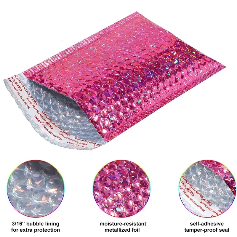 New 50Pcs/Pack Laser Rose Red Packaging Shipping Bubble Mailer Gold Foil Plastic Padded Envelopes Gift Bag Mailing Envelope Bag