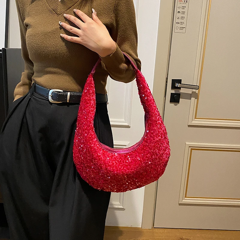 Summer Fashion Small Sequin Half-moon Underarm Bag for Women 2024 Trend Shiny Evening Bag Female Party Wedding Clutch Handbag