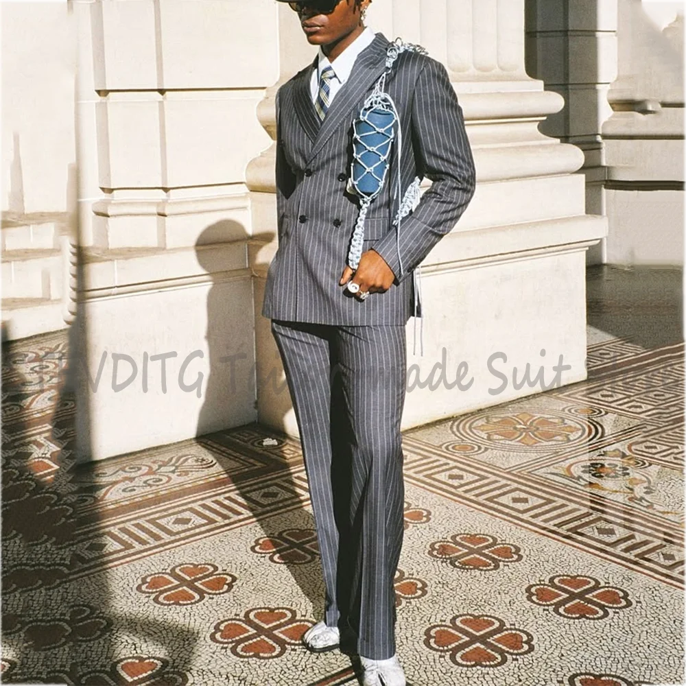 High Street Style Men Suit High Quality Double Breasted Striped Jacket Pants Double Split Business Casual Formal Outfit Male Set