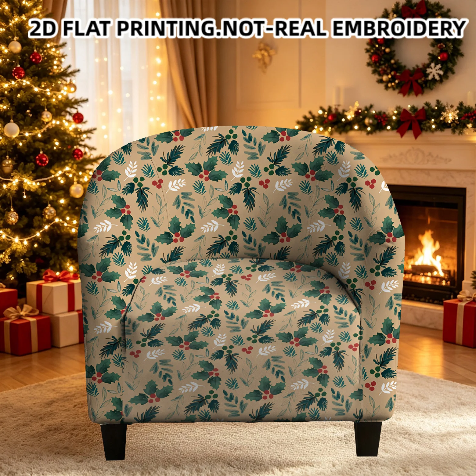 Christmas seamless full holly red berries printed armrest sofa cover, 2D printed elastic single club sofa cover