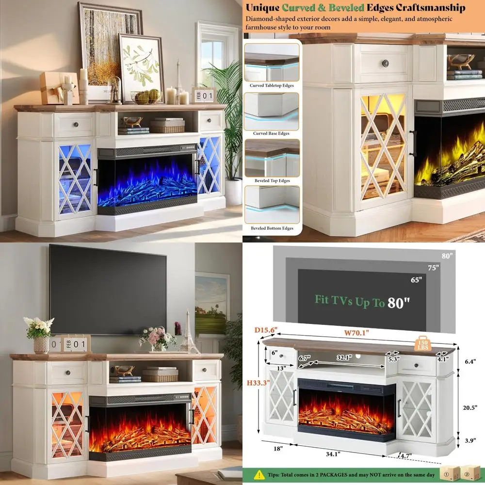

70 Inch Farmhouse Style Fireplace TV Stand with 36 Inch 3-Sided Glass Fireplace, LED Lighting, Entertainment Center, Glass Doors