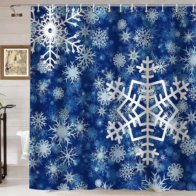 Luxury Navy Blue Shower Curtain with 3D White Snowflake Pattern No Drilling Bathroom Decor Set Includes 12 Hooks