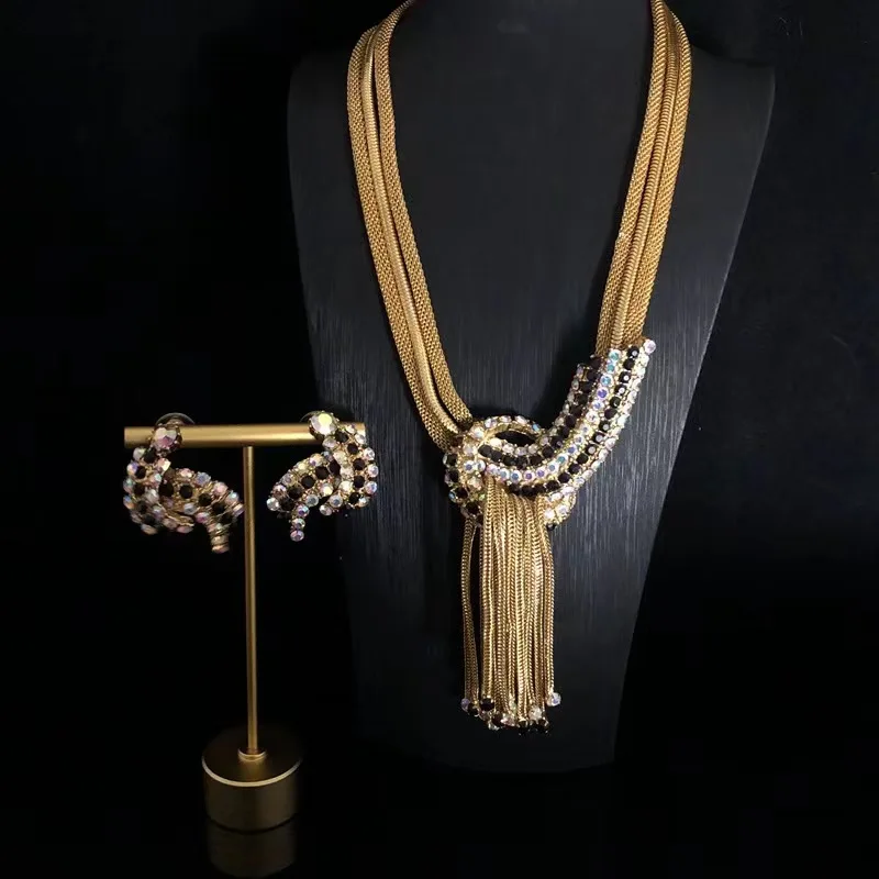 

Stylish vintage necklace earrings set multi-strand chain studded with zircon knot tassel sweater chain earrings