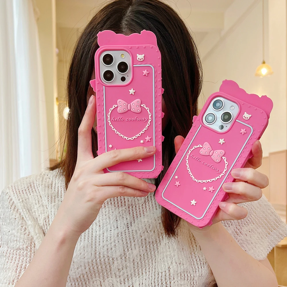 

Girls Gift, For iPhone 13, 14, 15, 16 Pro Max 3D Cute Cartoon Kawaii Pink Heart, Soft Silicone Phone Case, Back Cover Skin