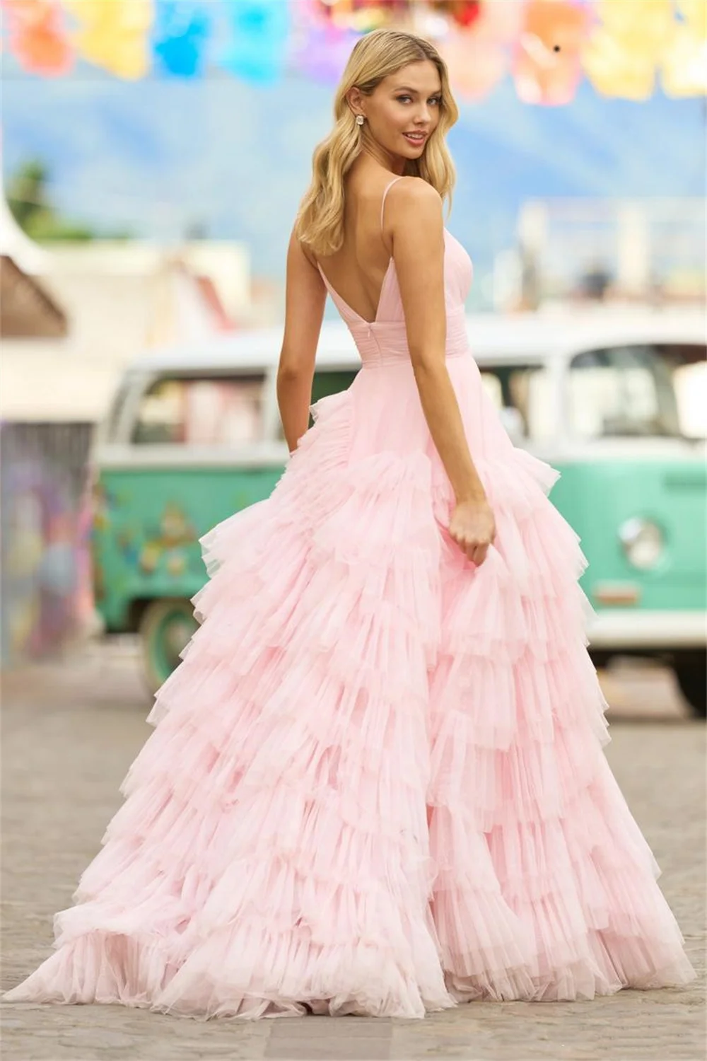 Amanda Baby Pink Multilayer Prom Dress 2023 Princess Evening Dresses Tulle Sweep Train Party Dresses Sleeveless Robe De Soirée