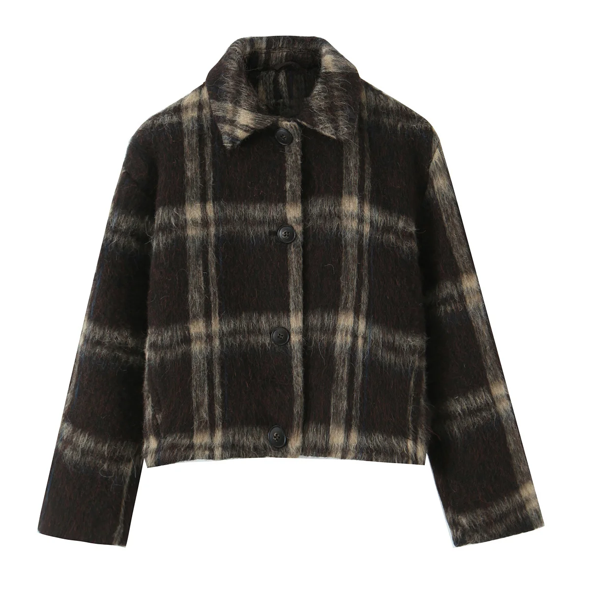 

2025 Autumn New Women's Casual Fashion Retro Versatile Simple Checkered Buckle Flip Collar Long Sleeve Jacket Coat