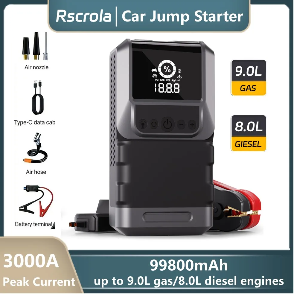 Portable Car Jump Starter with Air Compressor,99800mAh Portable Power Bank, Car Jump Box & Jumper Cables,for 12V Car Battery
