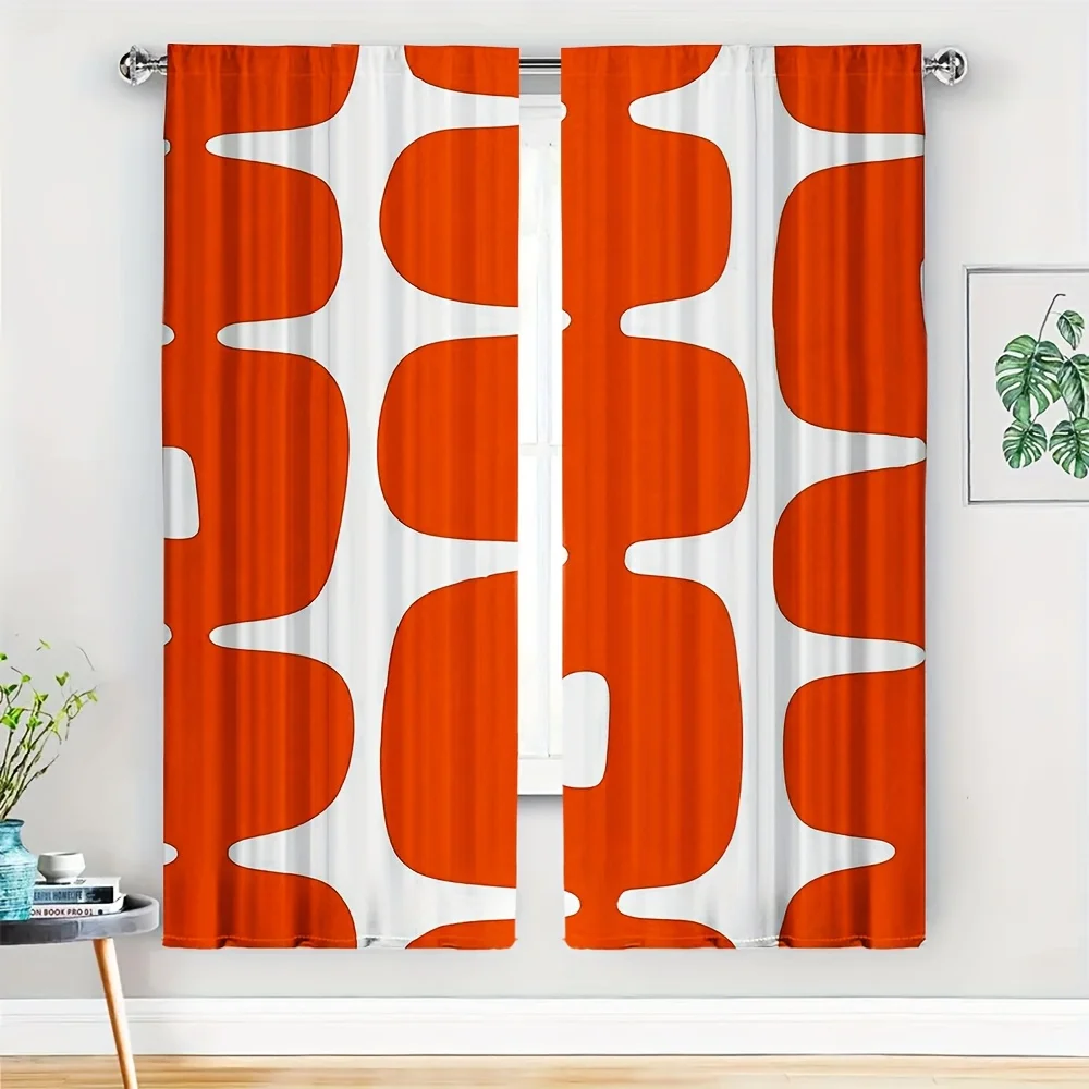 2pcs mid-century modern curtain orange and white abstract, retro geometric pattern for contemporary home decoration