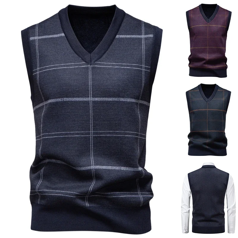 

Men's Knitted Warm Sweater in Autumn and Winter V-neck Vest Diamond Grid Twisted Flower Casual Fashion Versatile Top