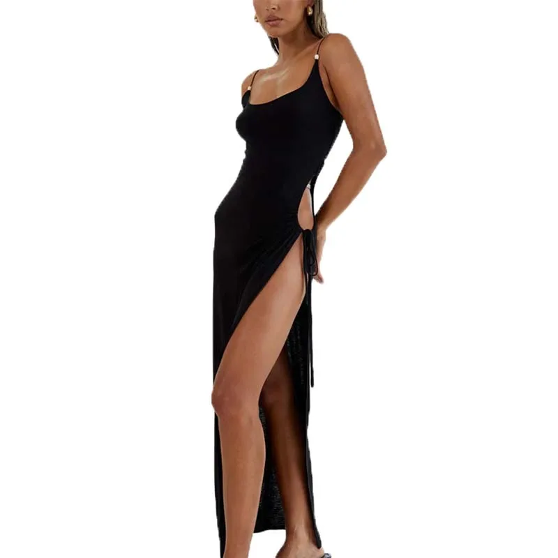 Dames sexy zijsplit met veters gehaakt badpak cover-up, gebreide badmode cover-up badpak, mouwloze lange strandjurk