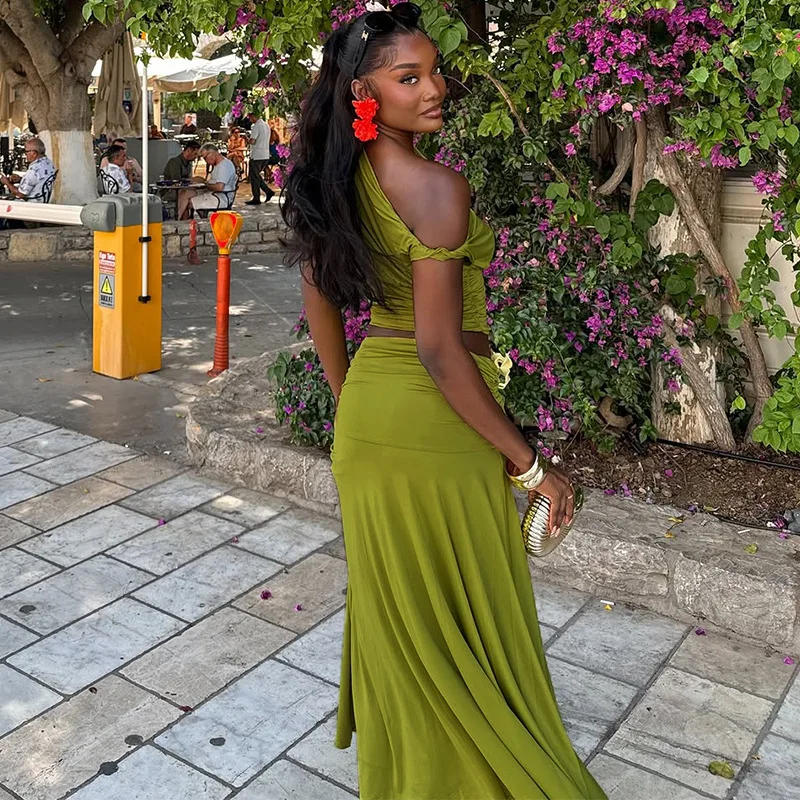 Women's Green Beach Maxi Skirt Sets Fashion High Waist Slim Bohemian Outfits Off The Shoulder Holiday Party Two Piece Set 2025