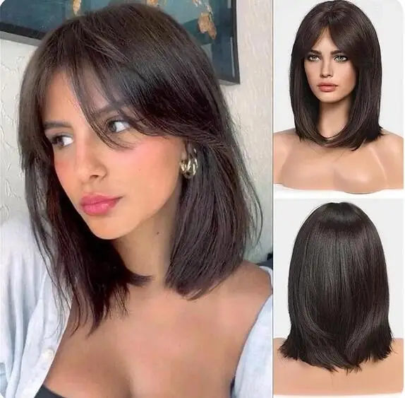 Women Dark Brown Wigs Straight Wig with Bangs Shoulder Length Synthetic Hair Wig