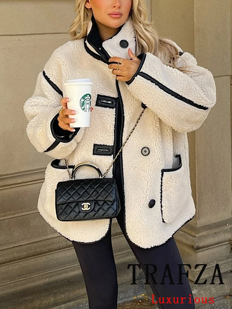 TRAFZA Vintage Casual Chic White Women Jackets Solid Stand Collar Long Sleeve Warm Coat New Fashion 2024 Autumn Winter Outwear