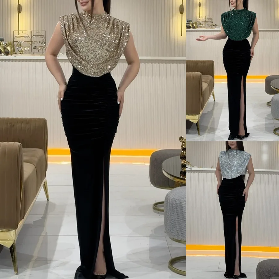 Langes Kleid für Damen, Party-Abendkleider, geteilte Pailletten, runder Kragen, ärmellos, bodenlanges Kleid, weiblich, 2025, Maxi-Vestidos