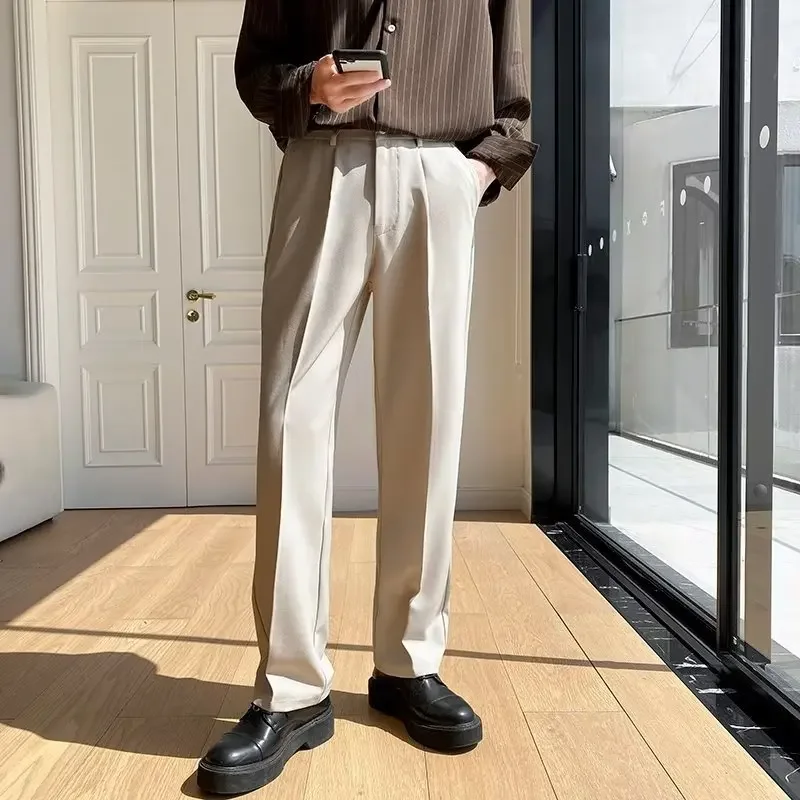 2024 koreanische Mode Herren gerade lose Freizeit hose Trend Anzug Hose weiß schwarz Khaki weites Bein lange Hose plus Größe 36 38