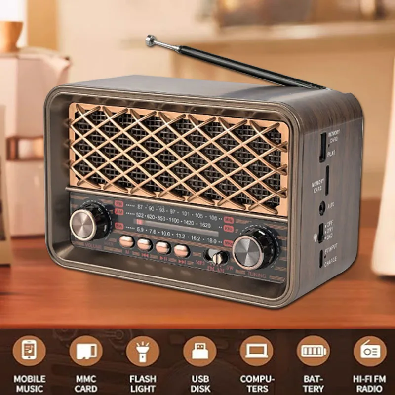 المحمولة خمر FM AM SW راديو كلاسيكي ريترو كامل النطاق أجهزة الراديو استقبال سماعة لاسلكية تعمل بالبلوتوث المتكلم دعم LED Llight TF USB AUX