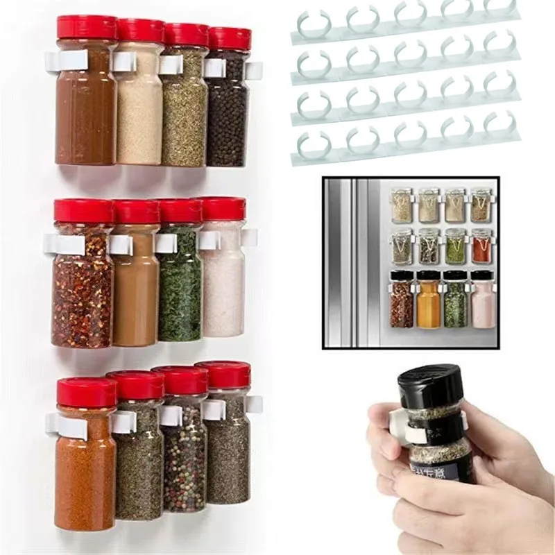 2/4/8 pçs rack de garrafa de especiarias rack de armazenamento de cozinha montagem na parede tempero frascos titular porta do armário ganchos ingredientes clipes de especiarias