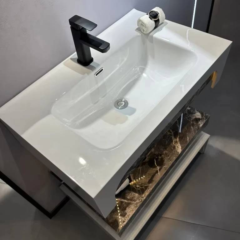 Wall Mounted Bathroom Vanity Sintered Stone With And Mirror, Waterproof, Simple And Durable, For Hotel Apartments Use