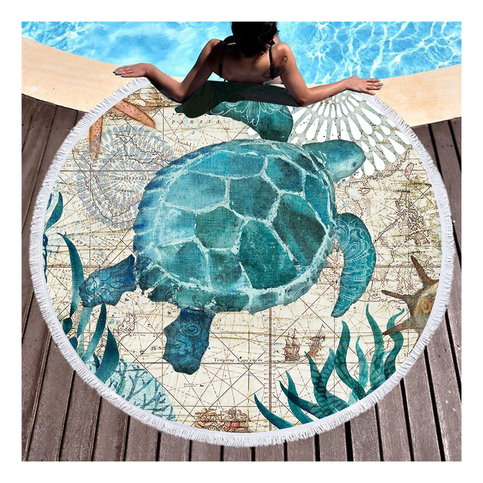 Outdoor Beach Blanket Towel Marine Life Printed Large Round Mat With Tassels