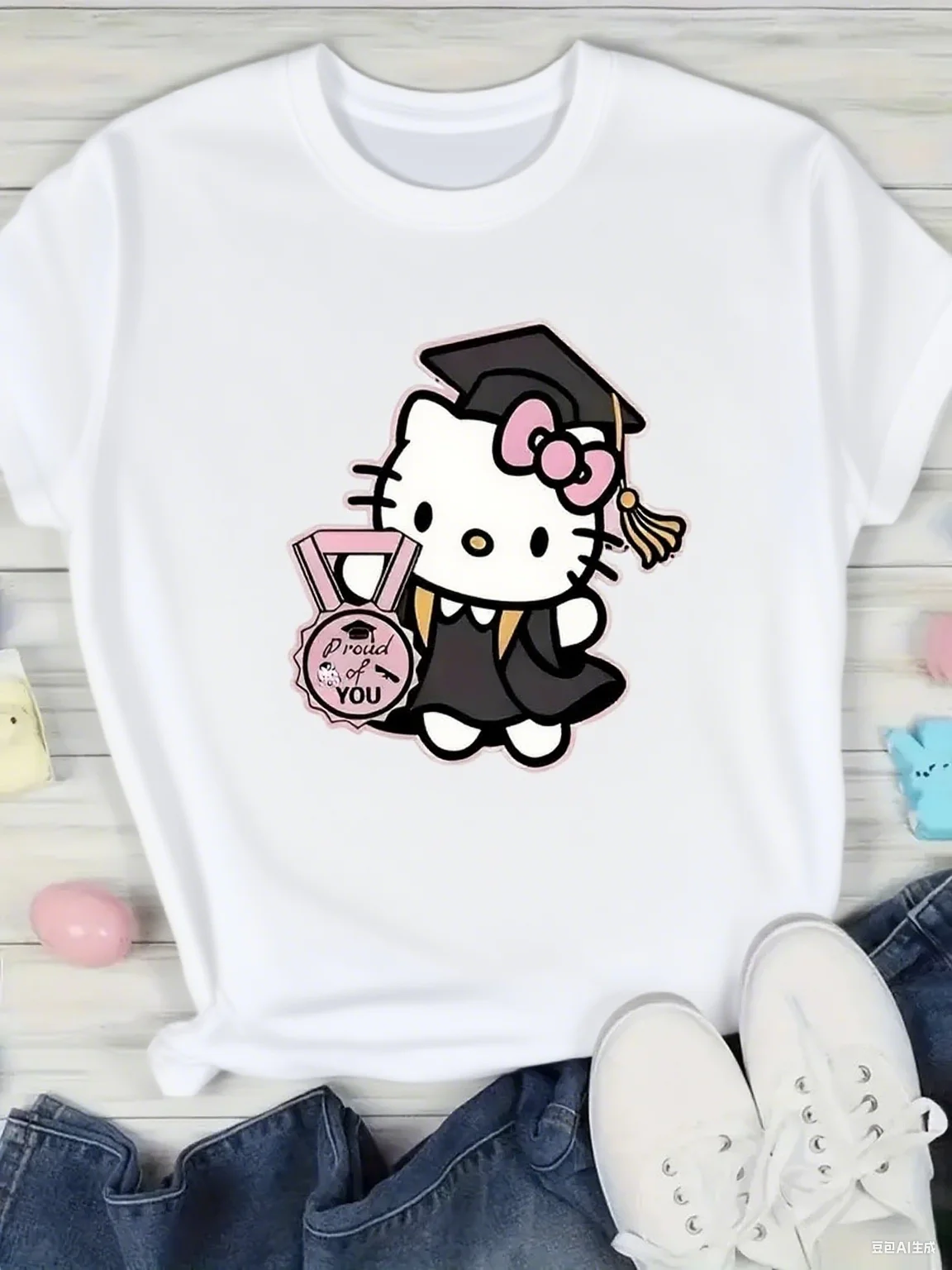 

Hello Kitty Graduation Cap and Gown Cotton T - Shirt Summer Large Loose Half Sleeve Versatile and Loose New Arrival Tee S-4XL