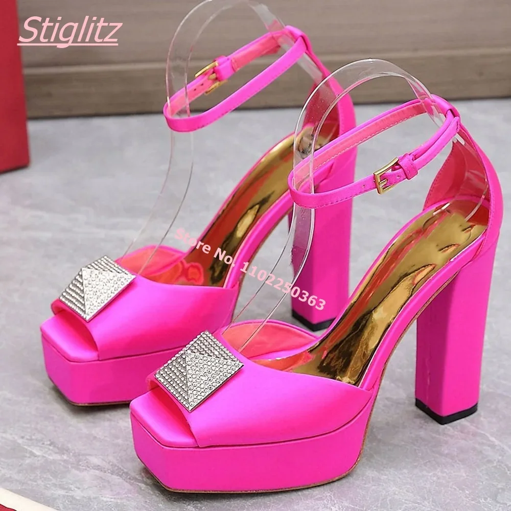 Summer New Luxury Women Sandals Solid Square Super High Heel Buckle Strap footwear Platform Leather Peep Toe Party Shoes