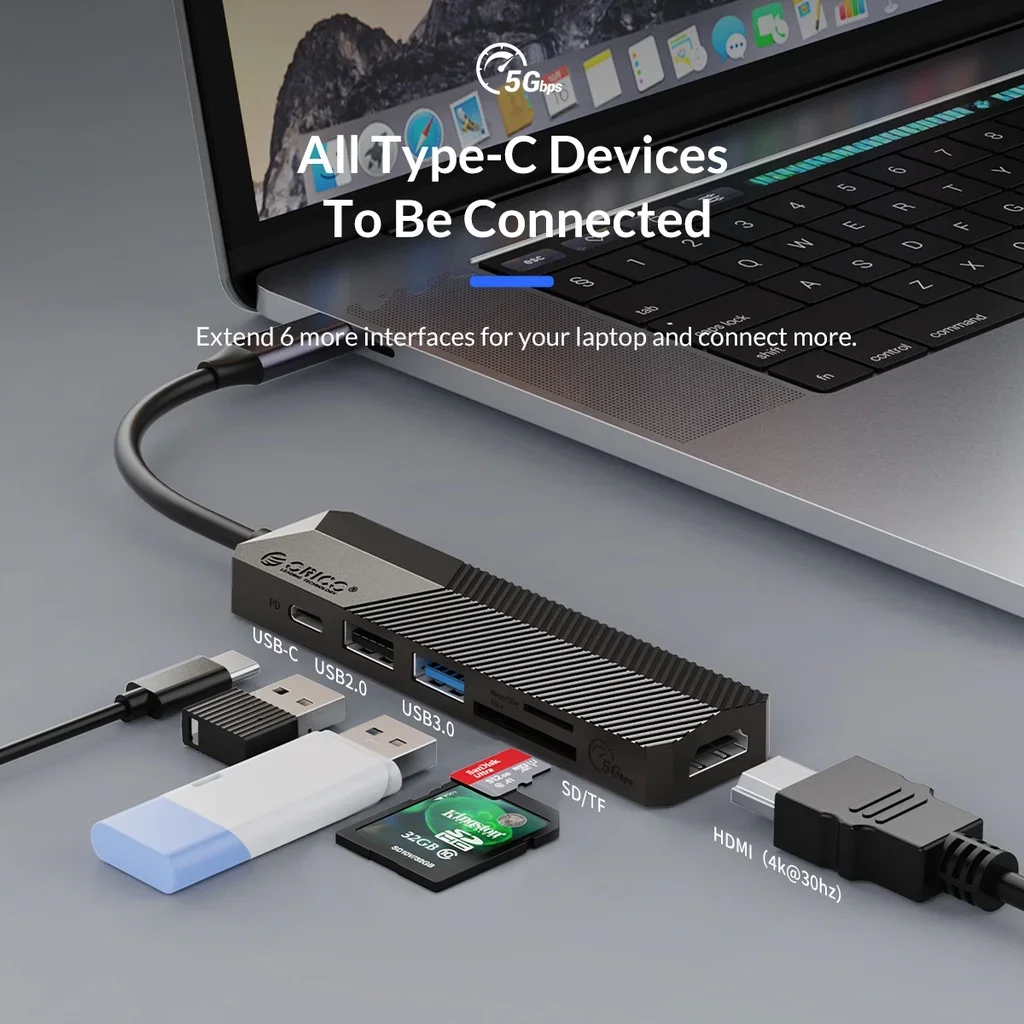 Imagem -03 - Orico Usb c Hub tipo c para Hdmi Compatível pd Usb 3.0 sd tf Adaptador em tipo c Dock Splitter para Macbook Pro Acessórios