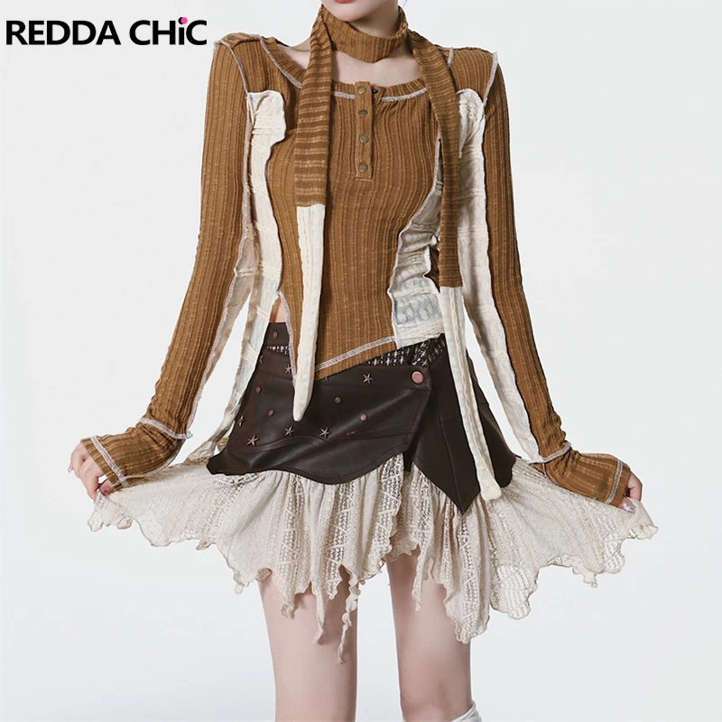 

REDDACHiC Women Lace Stitch Long Sleeves Top with Scarf Y2k Steampunk Brown Irregular Crew Neck Knit Top T-Shirt Vintage Clothes