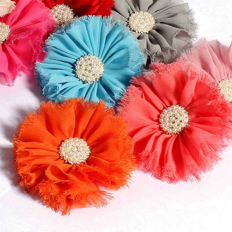 7.5cm 16colors Newborn Handmade Chic Shabby Chiffon Flower+Rhinestone Pearl Button Fabric Flowers For Kids Headbands
