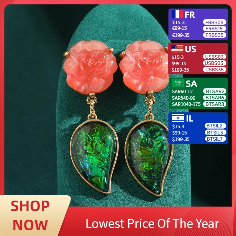 

Bohemia Green Leaves Stone Pink Rose Flower Dangle Earrings Vintage Pendant Antique Jewelry Gold Color Women Korean Style New