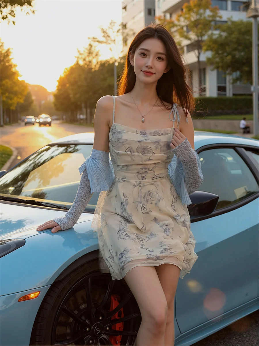 Mini robes florales en mousseline de soie bleu ciel pour femmes, Double couche, Patchwork, haut évasé, artistique, légère, Unique, Chic, été