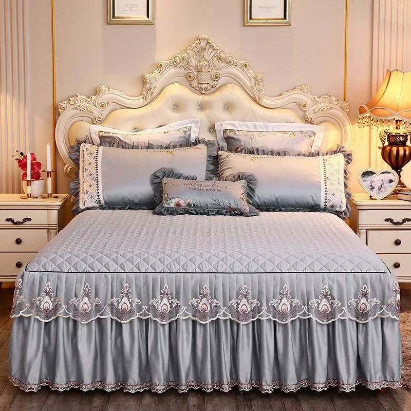 

3PCS/Set Princess Bedding Solid Ruffled Bed Skirt Pillowcases Lace Bed Sheets Mattress Cover King Queen Full Twin Size BedCover