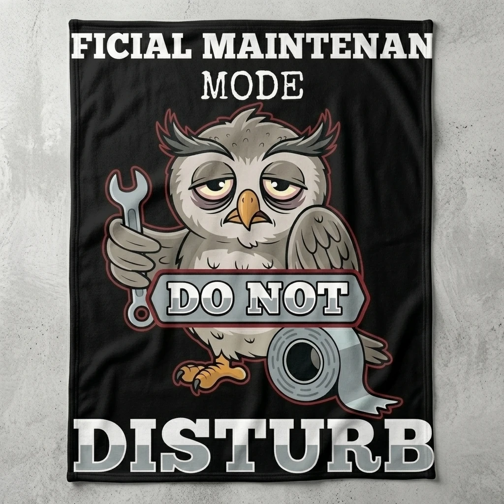 Maintenance Mode Owl Do Not Disturb Flannel Throw Blanket, Funny Sleepy Mechanic Owl Graphic Soft Cozy Lightweight Home Decor