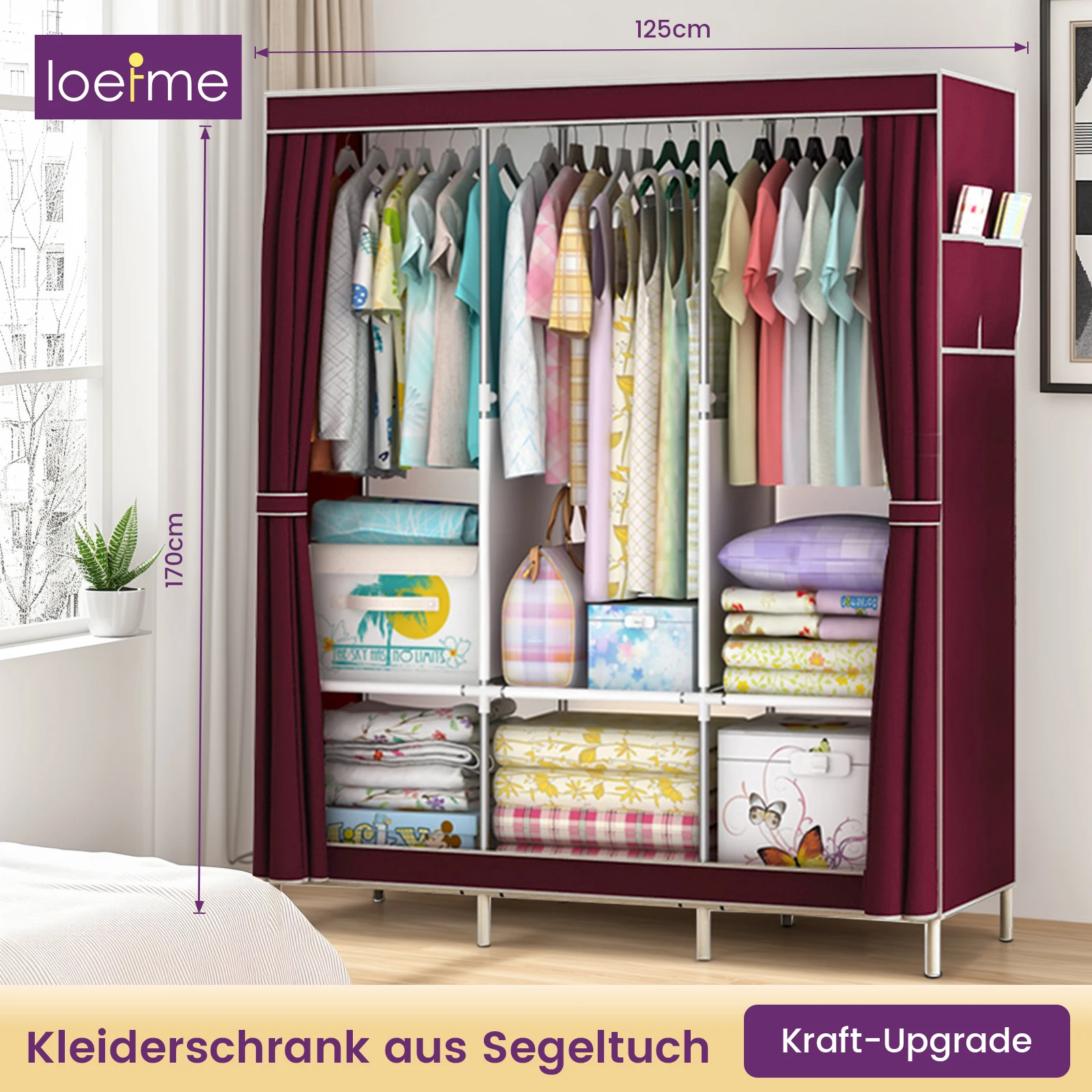 Lienzo-Kleiderschrank 170 x 125 x 45 cm, Kleiderschrislav Schlafzimmer, mit 3 Kleiderstangen y 3 Ablagefächern, 13 mm Rohre