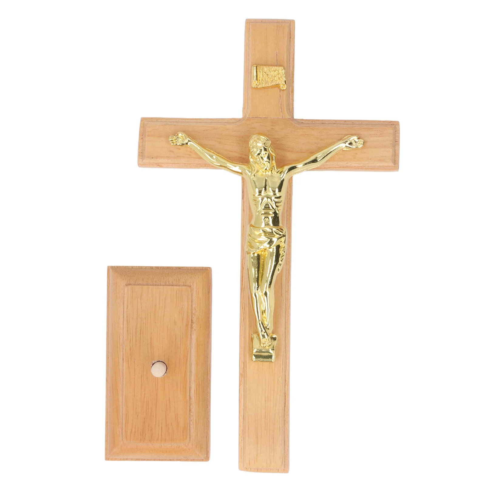 Crucifix Table Cross Hand Crafted Light Brown Durable Beech Metal Stable Base Standing Crucifix for Home Office Cathedral
