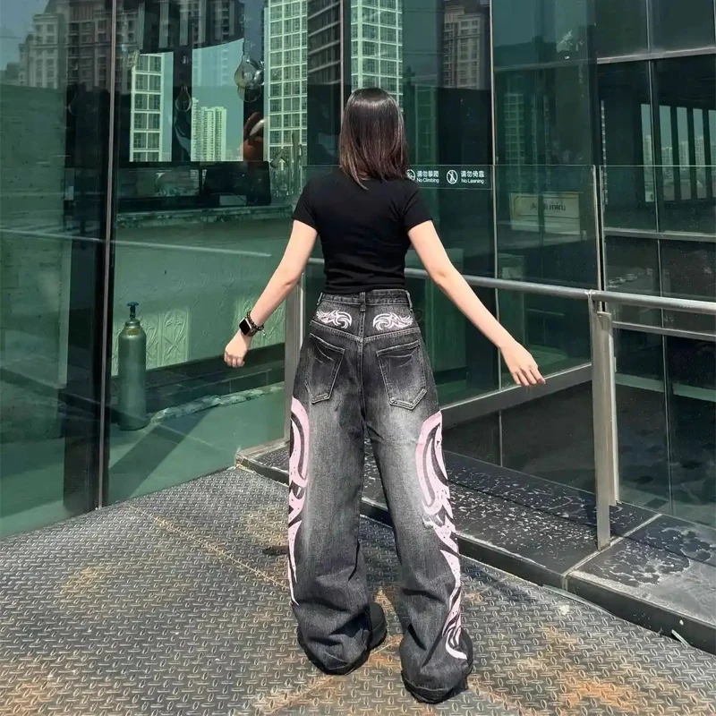 Y2K Aesthetics Goth Vintage Mottled Totem Print Baggy Jeans Women High Waist Wide Leg Jeans Women's Harajuku Punk Hip-Hop Jeans