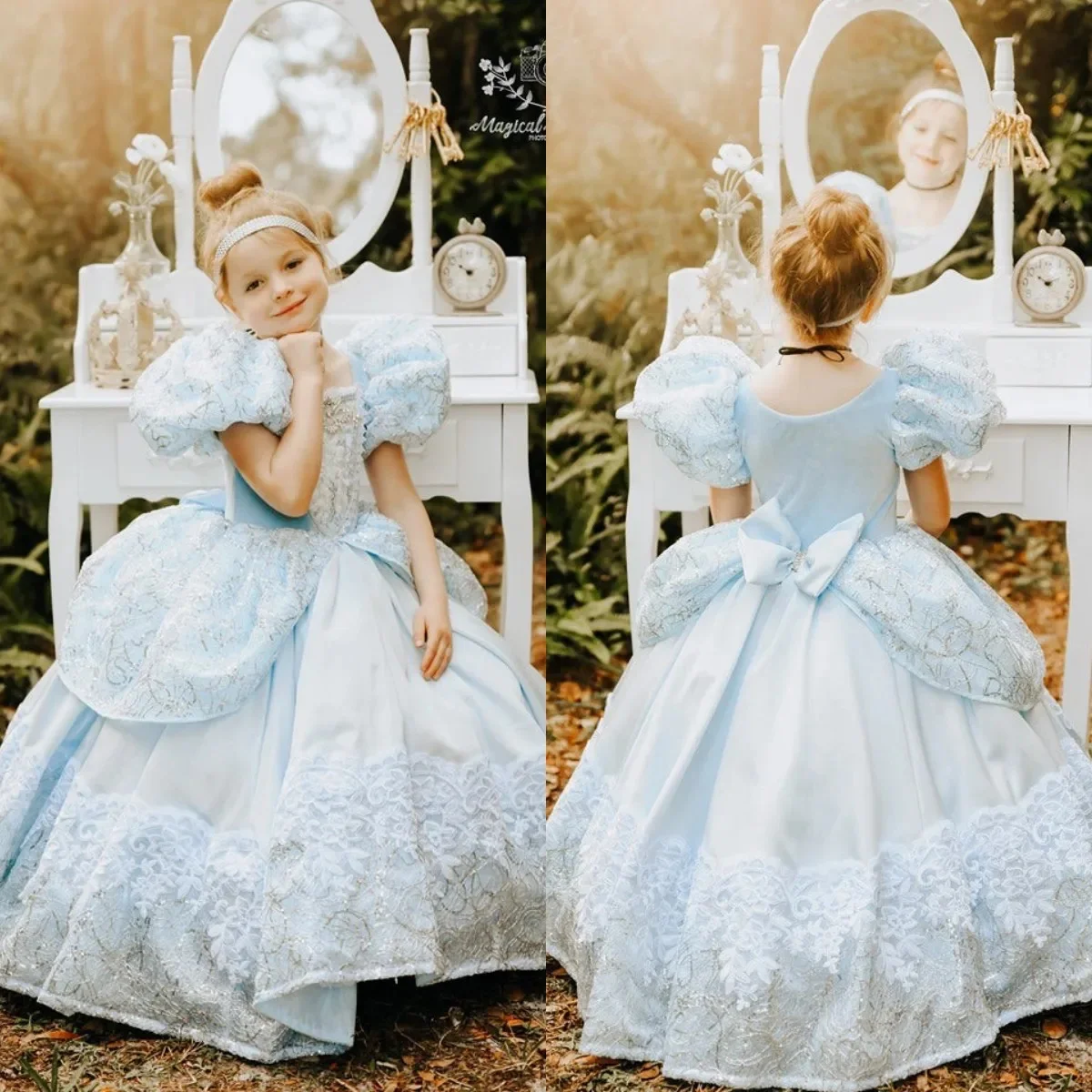 

Customized Light Blue Flower Girl Dress For Wedding Sparkly Sequins Appliques With Bow Elegant Princess Photo Shoot Banquet Gown
