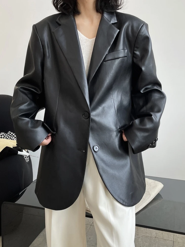 

Vintage Blazer Leather Jacket for Women Spring Autumn 2024 Trend Simple Black Faux Leather Casual Coat Korean Fashion