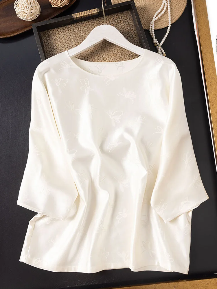 White Butterfly Versatile 53.4% Sheep Wool 46.6% Natural mulberry silk Off Shoulder Sleeves Women's Fashionable Casual T-shirt