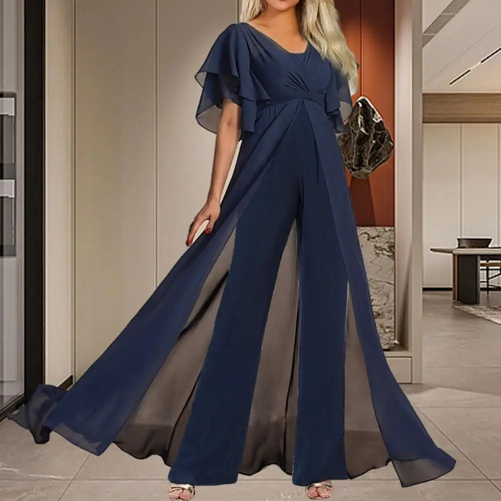 

Women Jumpsuit V Neck Short Sleeve Hem Wide Leg Ruffle See-through Lady Elegant Long Jumpsuits enterizos para mujeres