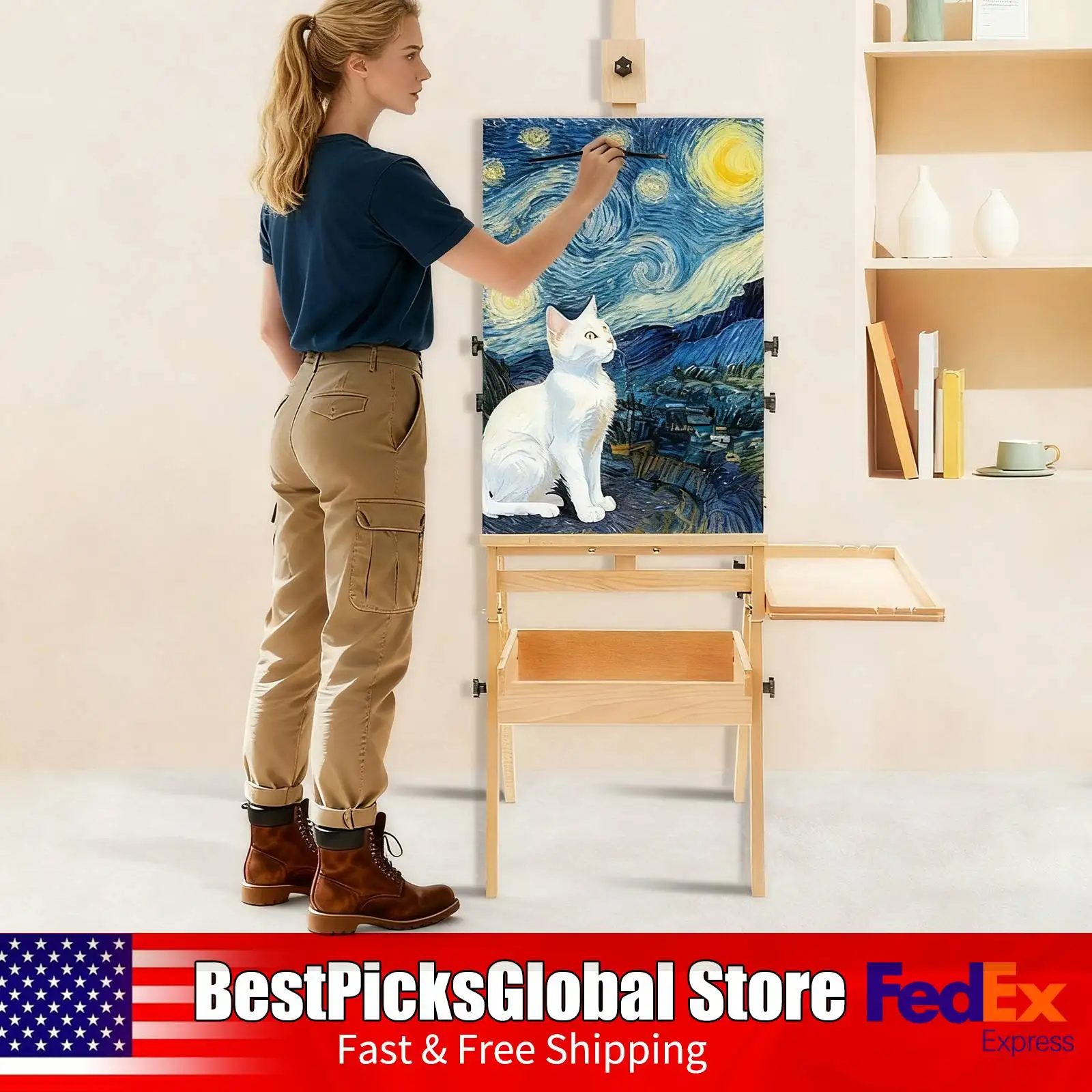 

Folding Painting Holder Stand, Height Adjustable, Wooden Painting Easel with Storage Box & Tray for Adults, Students