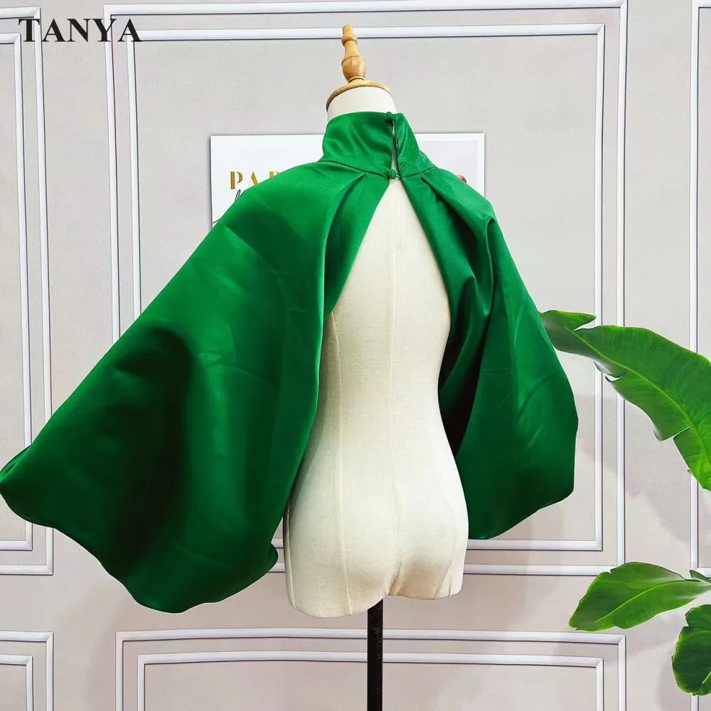 Puffy Sleeves Satin Bolero Topper Blouse Cover Arms Fashion Green Jacket Cloak Short Shawl High Neck With Buttons Customize