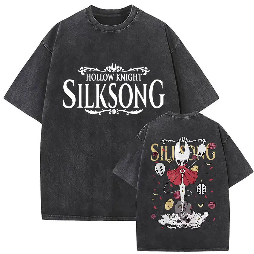 

Винтажная стираная футболка Hollow Knight Silksong, мужская классическая игровая одежда, футболки большого размера, повседневная хлопковая футболка с коротким рукавом