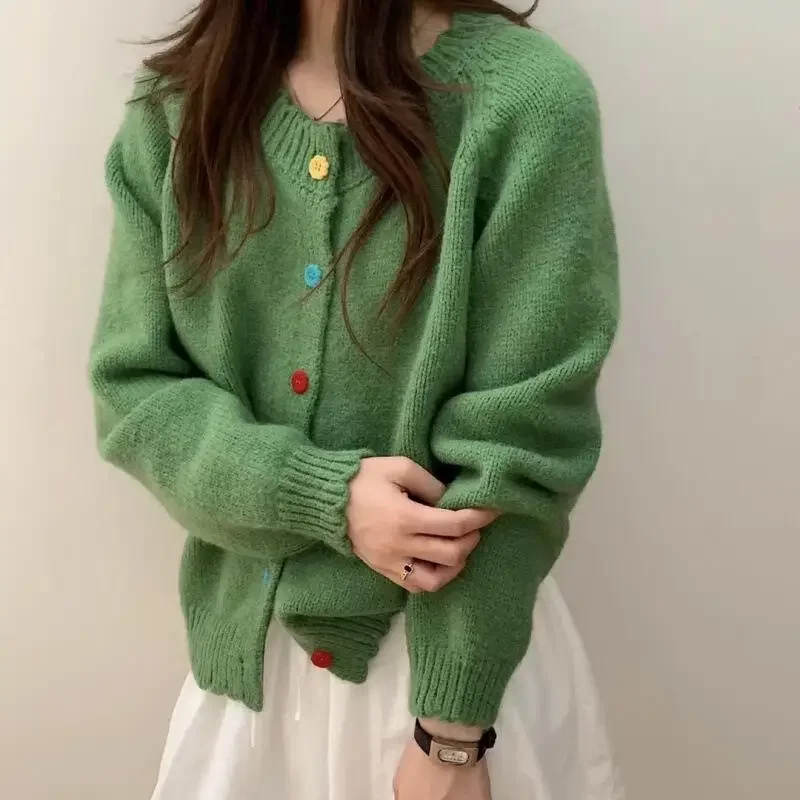 

Christmas Woman Korean Candy Color Knitting Cardigan Sweater Autumn Winter New Girls Student Tops Soft Loose Leisure Sweater