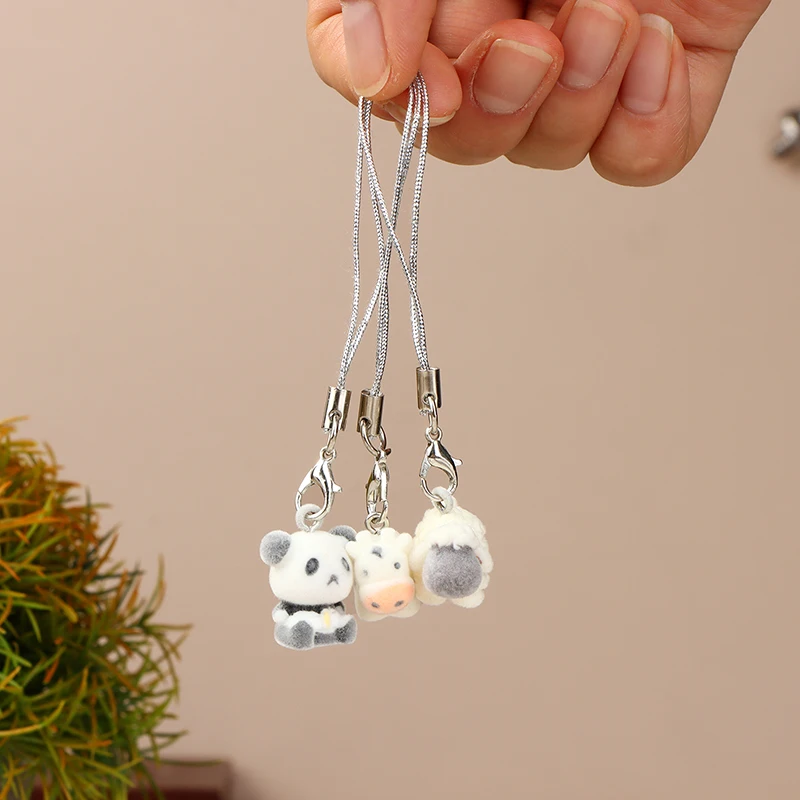 Kawaii Flocking Panda Sheep Cow Phone Lanyard Cute Plush Animal Phone Charm Mobile Phone Strap Keychain Accessories