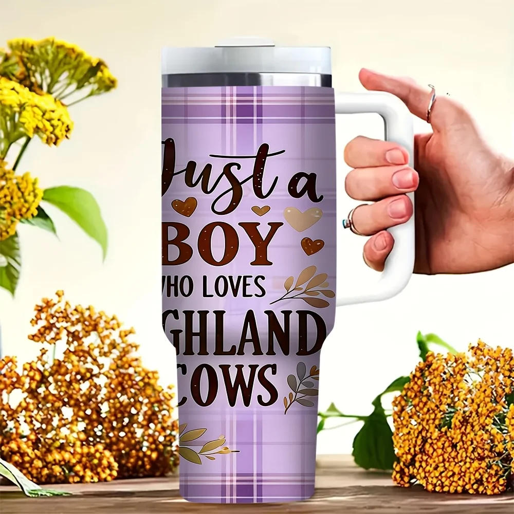 40oz Tumbler with Handle, Featuring Just A Boy Who Loves Highland Cows Print, Fits Both Hot And Cold Drinks, Ideal for Highland Cow Lovers Daily Use Outdoor And Indoor Activities