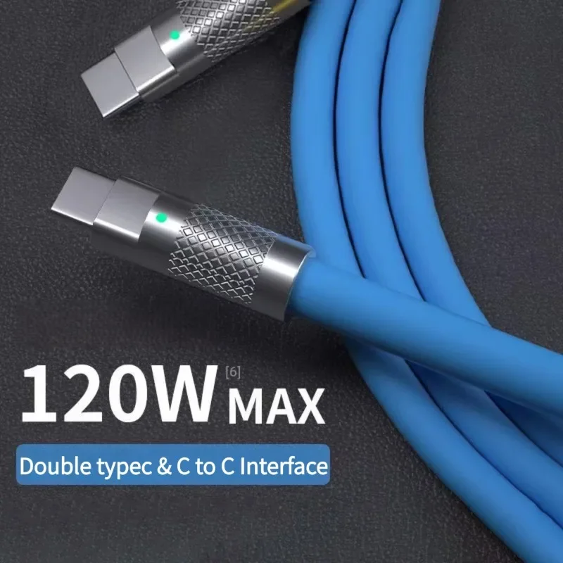 Blue Orange Silicone USB C to C 120W 6A Fast Charge Cable Metal Plug With Green LED Light Wire 1m 2m Two Lengths for Samsung
