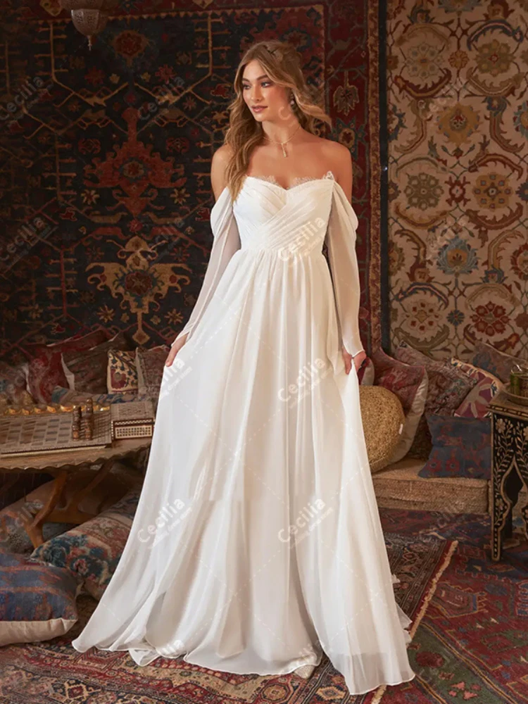 Elegant Wedding Dresses A-Line Chiffon Tiered Bridal Gowns Off The Shoulder Robes For Formal Party Pretty Vestidos De Novia 2024