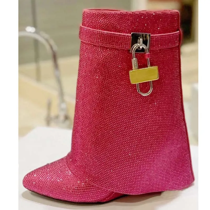 New Luxury Crystal Women Shark Lock Brand Mid-Calf Boots for Woman's Pointed Toe Wedges Rhinestone Botas Mujer 2024 Wedding Shoe