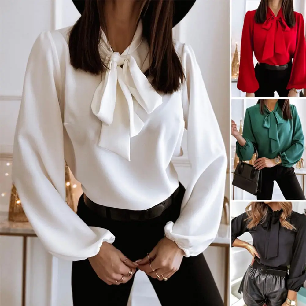 

Women Blouse Shirts Korean Fashion Office 2023 Autumn Long Sleeve Tie Bow Chiffon Turtleneck Formal Women OL White Shirts