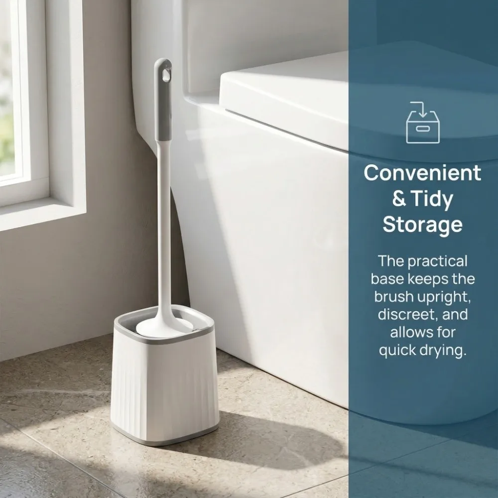 

Plastic Toilet Brush Drip Proof Storage Base Toilet Brush Scrubber 360 Degree Rotatable White Long Handle Toilet Brush